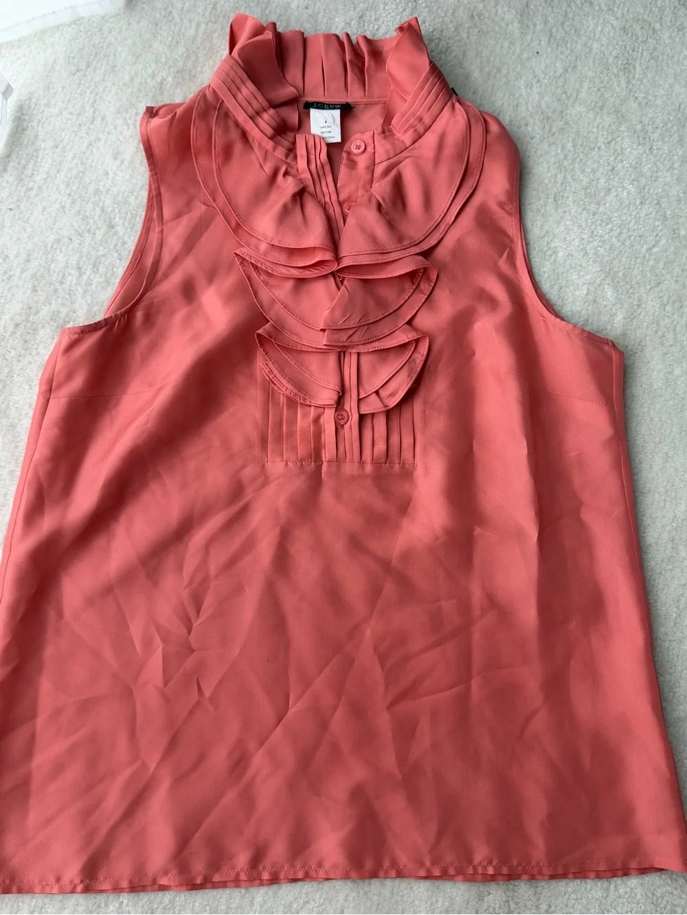 J. Crew 100% Silk Sleeveless Coral Ruffle Front Blouse
